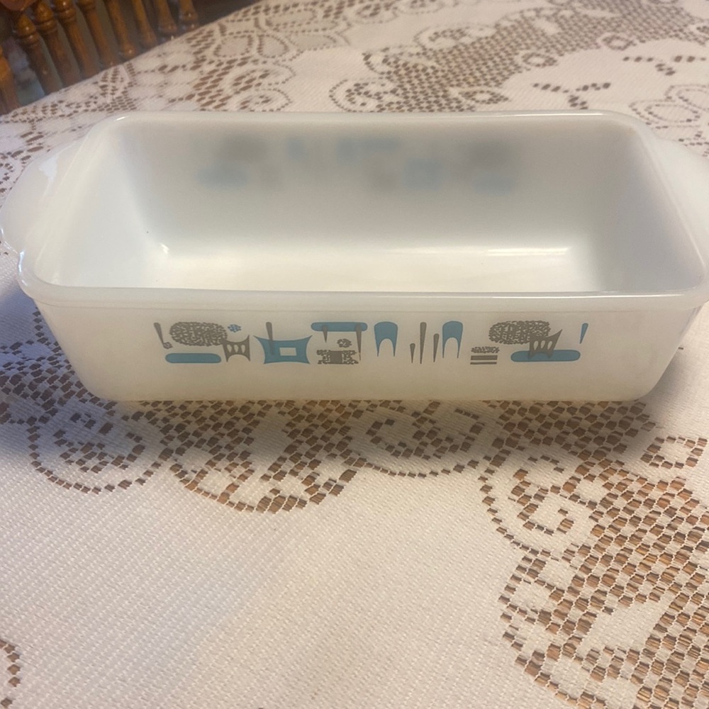 Vintage Anchor Hocking Fire King Atomic Blue Heaven Grey and turquoise loaf pan